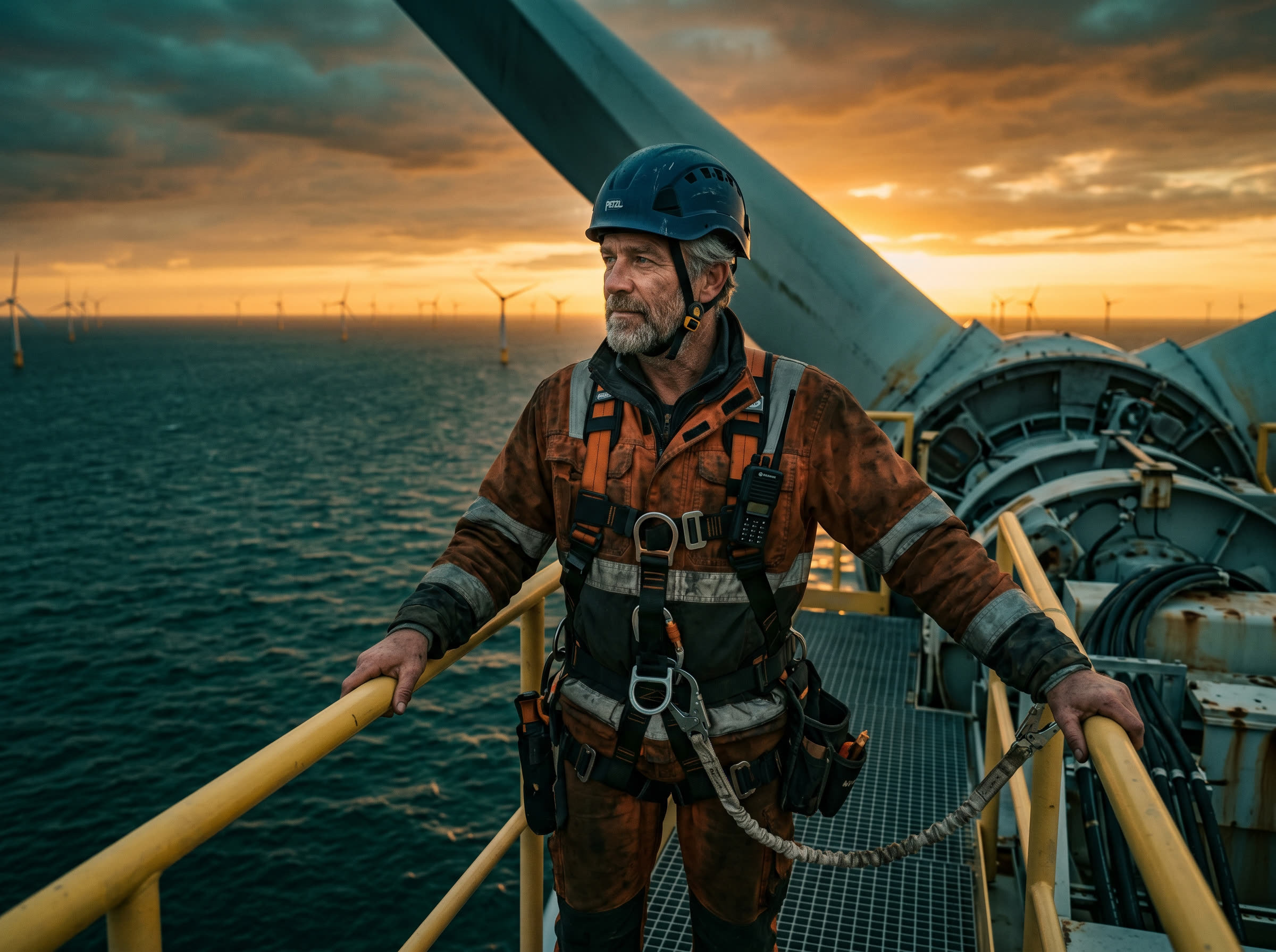 Experienced wind turbine technician at the top of an offshore turbine nacelle at sunset