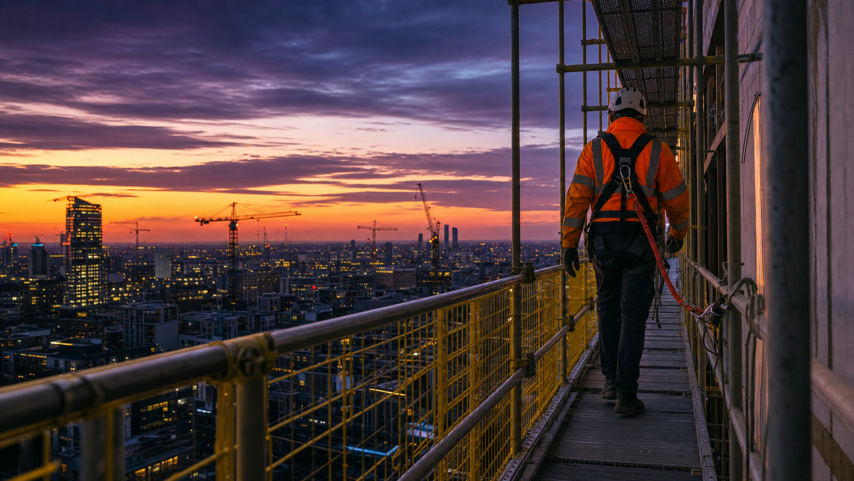 Construction worker in fall-arrest harness on scaffolding above a UK city skyline at dusk — illustrating that falls from height remain the single largest killer in construction