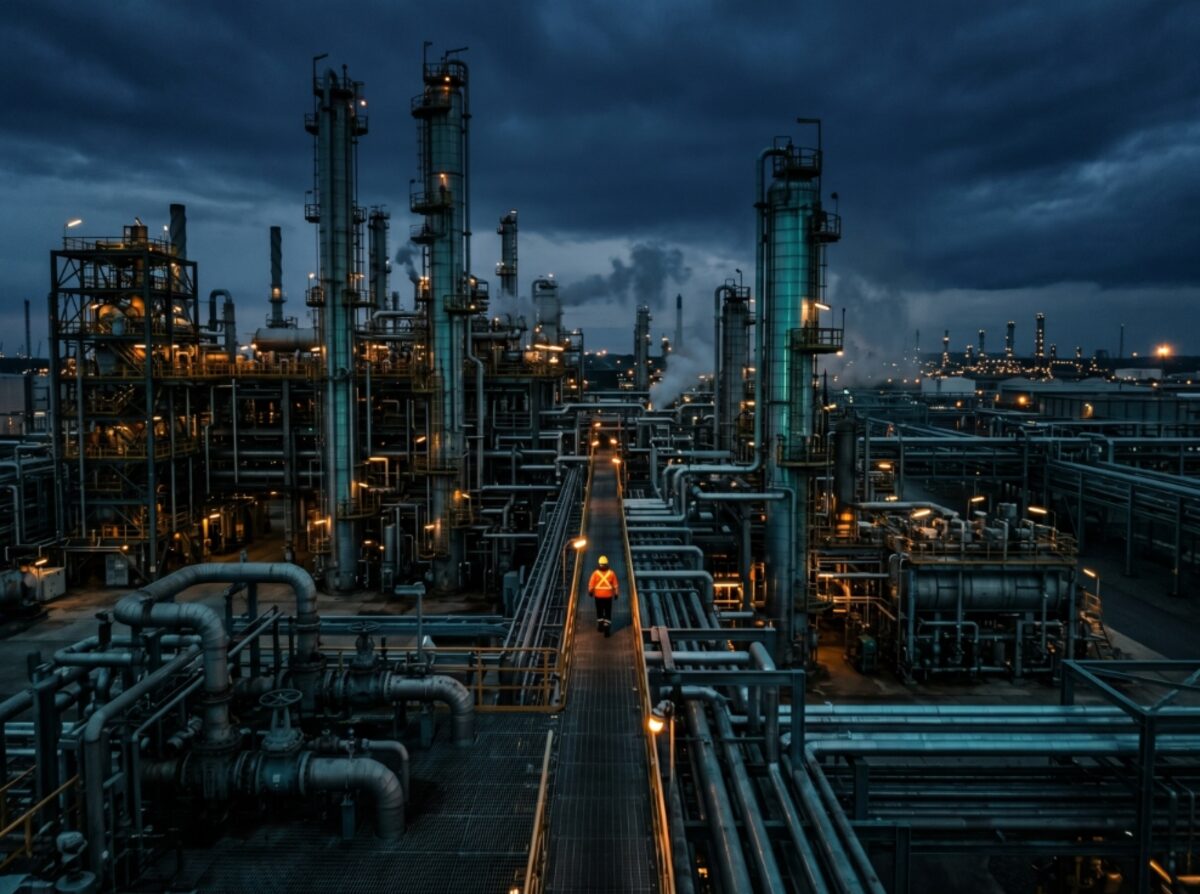Worker walking a refinery gantry surrounded by pipework and process columns at dusk