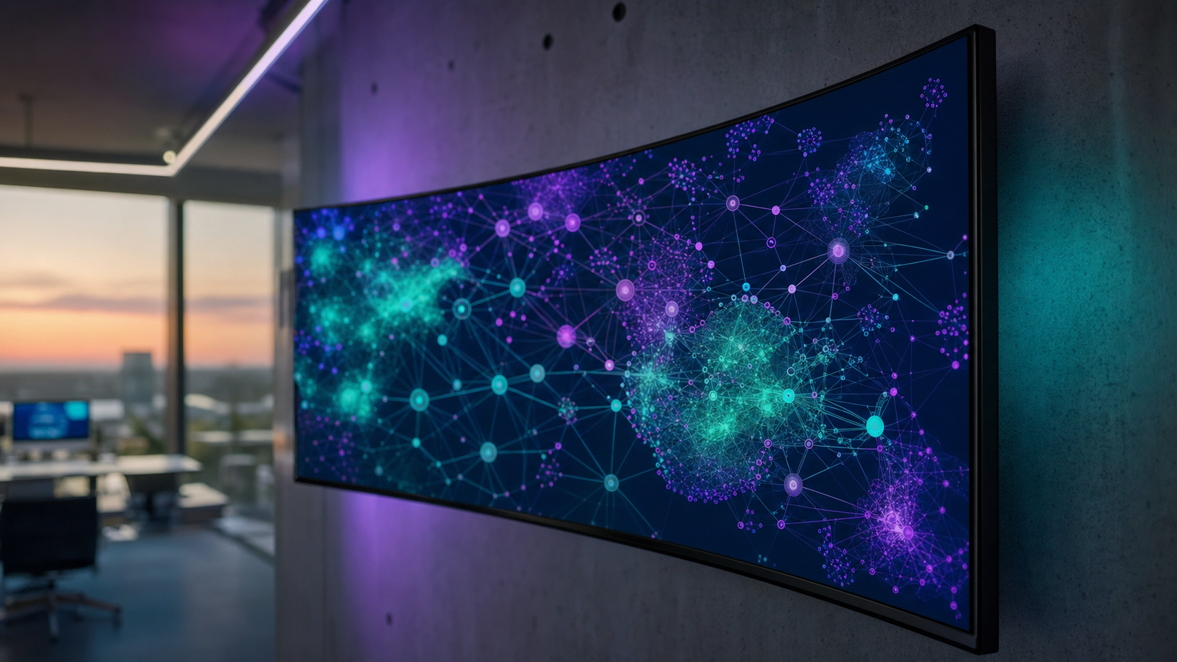 Intuety corporate memory and risk assessment platform visualised as a glowing knowledge graph in teal and purple — connecting RAMS, design risk assessments, control measures, incident learning and standards across every project, package and tier of the supply chain.