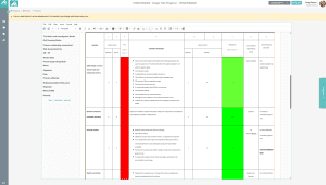 A detailed project management spreadsheet featuring columns for task name, description, start date, end date, status, and comments. Colour-coded sections highlight critical issues (red) and completed tasks (green), helping track project progress and deadlines efficiently